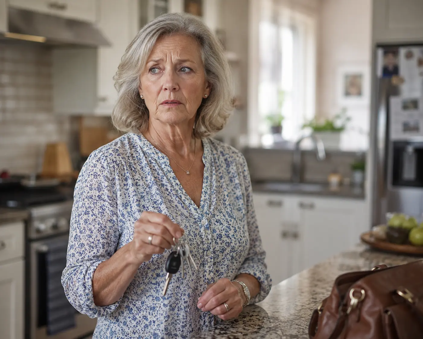 Older woman in a kitchen looking concerned after a memory slip with keys in her hand