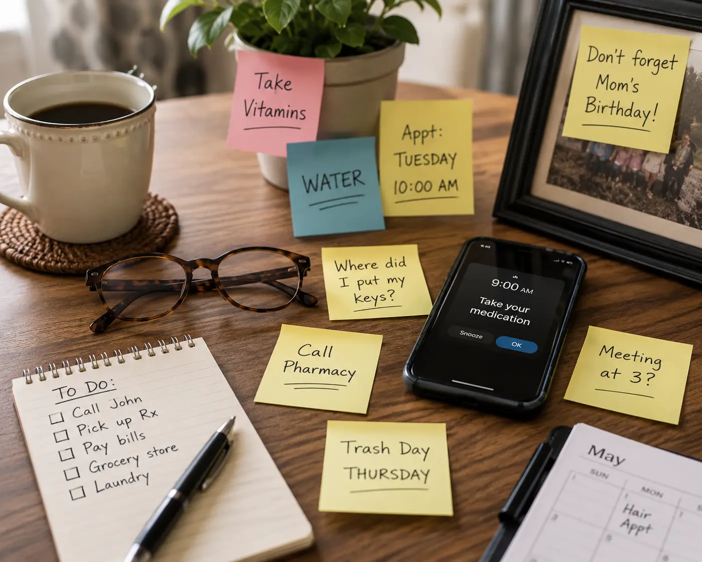 Sticky notes and reminders on a desk showing daily forgetfulness and memory concerns