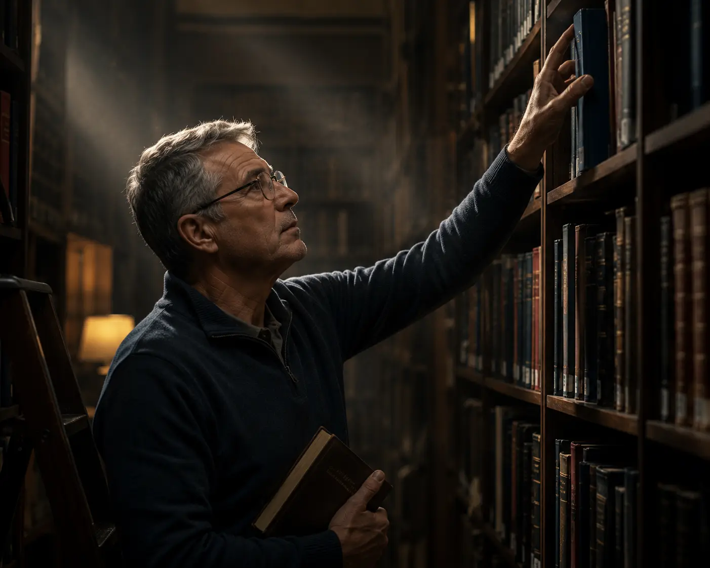 Mature adult reaching for a book in a dim library as a metaphor for memory access