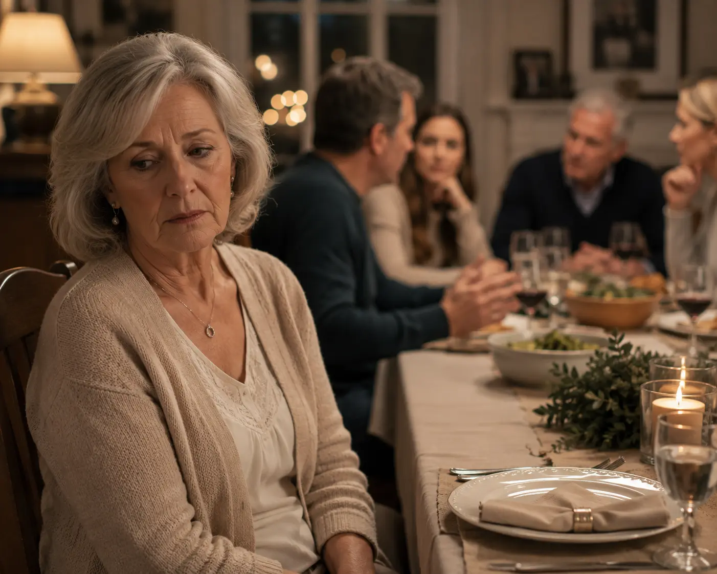Older woman sitting quietly at a family dinner after forgetting a word in conversation