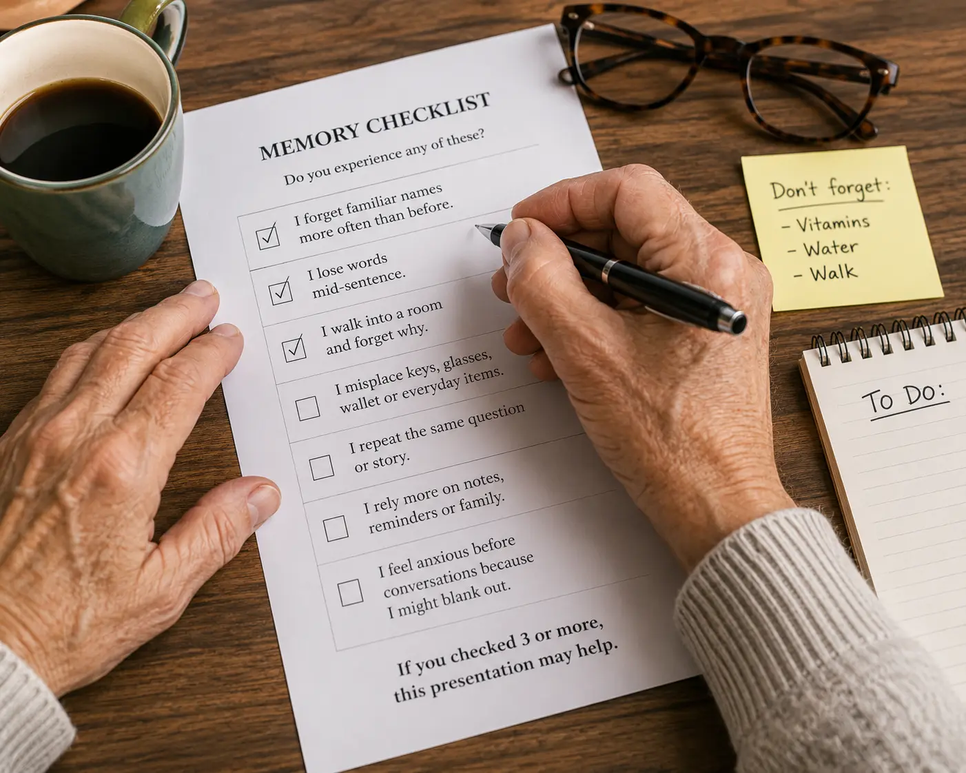 Senior adult reviewing a memory symptom checklist with a pen at home
