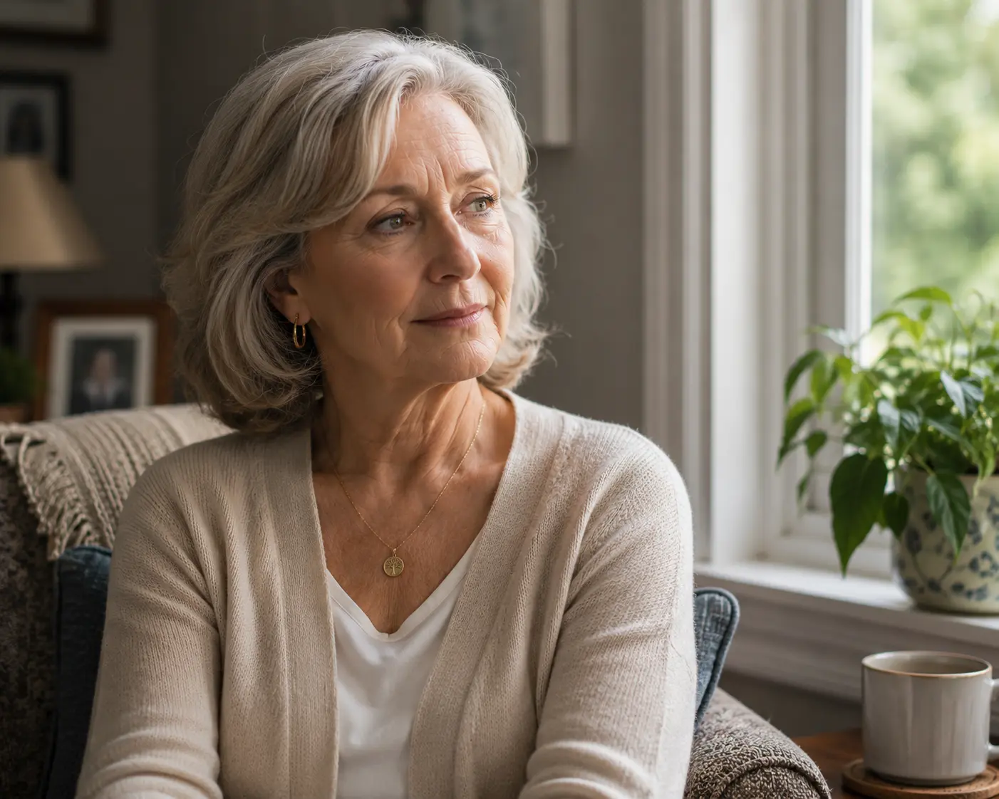 Relieved older woman sitting near a window after learning about memory confidence