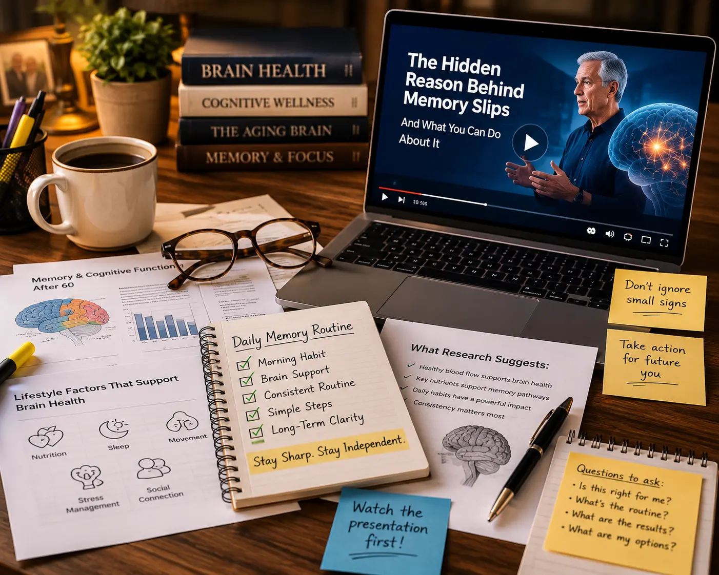 Research papers and laptop on a desk showing an educational memory presentation