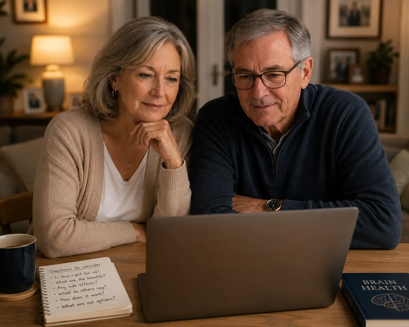 Senior couple watching an educational memory presentation on a laptop at home